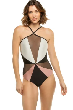 PatBo High Neck|One Pieces-Color Block Mesh One Piece Swimsuit