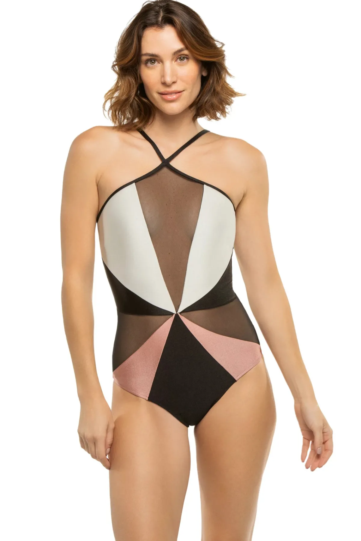 PatBo High Neck|One Pieces-Color Block Mesh One Piece Swimsuit