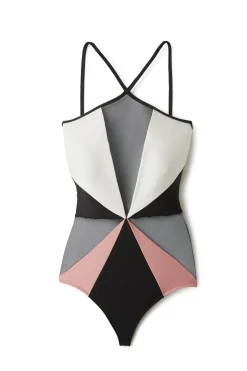 PatBo High Neck|One Pieces-Color Block Mesh One Piece Swimsuit