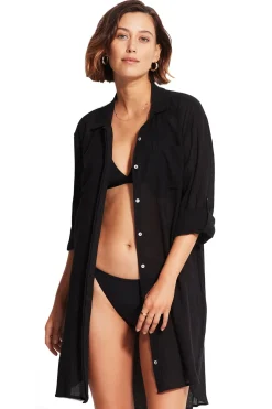 Seafolly Shirt Dresses-Crinkle Twill Beach Shirt Dress