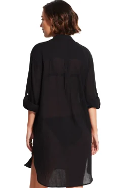 Seafolly Shirt Dresses-Crinkle Twill Beach Shirt Dress