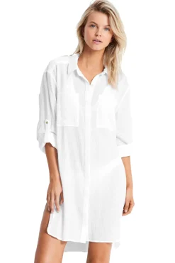 Seafolly Shirt Dresses-Crinkle Twill Beach Shirt Dress