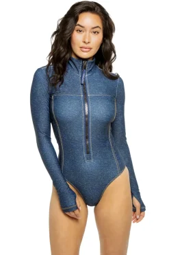 Watskin High Neck|Plunge-Danielle Denim Blue Bodysuit