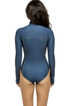 Watskin High Neck|Plunge-Danielle Denim Blue Bodysuit