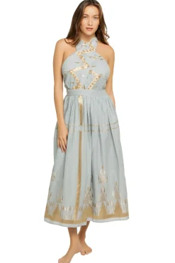 Greek Archaic Kori Sundresses-Embroidered Metallic Halter Maxi Dress