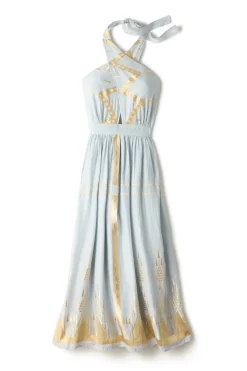 Greek Archaic Kori Sundresses-Embroidered Metallic Halter Maxi Dress