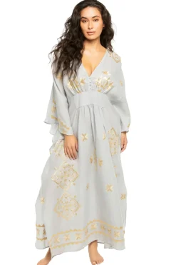 Greek Archaic Kori Sundresses-Embroidered Metallic V-Neck Maxi Dress