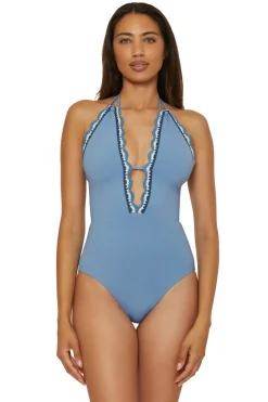 Lucky Brand High Neck|Halter-High Neck Plunge One Piece Swimsuit