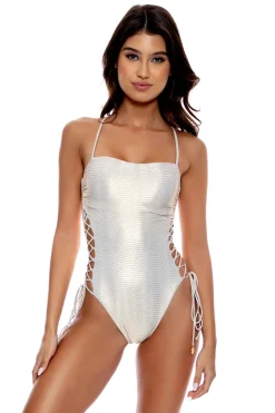 Luli Fama High Leg|One Pieces-Iridescent Lace Up One Piece Swimsuit