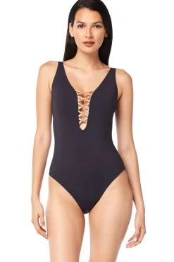 Bleu Rod Beattie Plunge|One Pieces-Lace Up Plunge One Piece Swimsuit