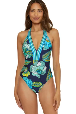 Trina Turk Halter|Plunge-Plunge Halter One Piece Swimsuit