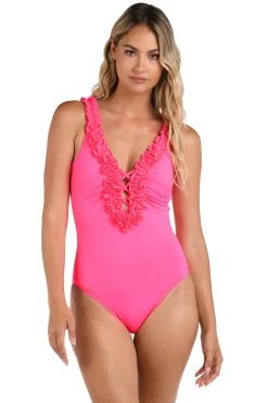 La Blanca Plunge|One Pieces-Ruffled Plunge One Piece Swimsuit