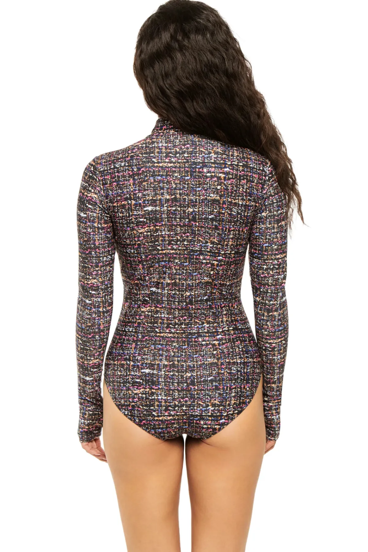 Watskin High Neck|Plunge-Ryann Tweed Print Bodysuit