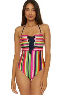 Trina Turk Halter|Bandeau-Stripe Bandeau One Piece Swimsuit