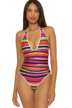 Trina Turk Halter|Plunge-Stripe Plunge One Piece Swimsuit