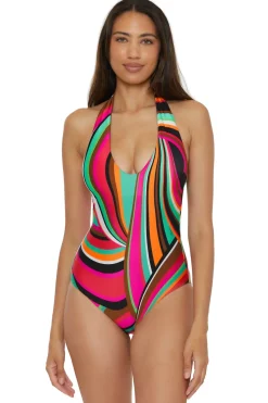 Trina Turk Halter|Plunge-Swoop Reversible Halter One Piece Swimsuit