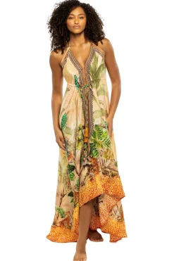 La Moda Sundresses-Tropical Scenario Halter Maxi Dress
