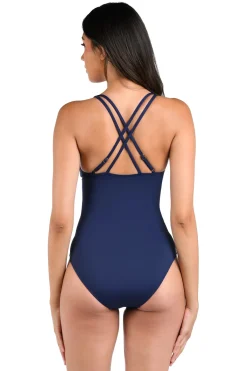 La Blanca Plunge|One Pieces-Underwire Lace Up One Piece Swimsuit