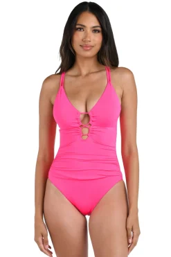 La Blanca Plunge|One Pieces-Underwire Lace Up One Piece Swimsuit